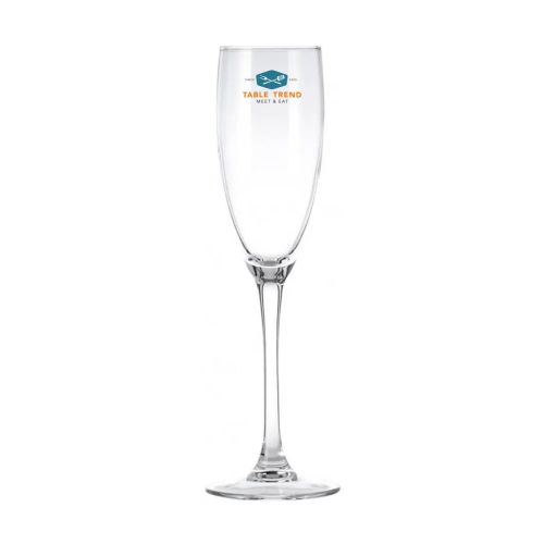 Cosy Moments Champagneflute 19 cl. bedrukt met meerkleurig TableTrend-logo zichtbaar op de bovenzijde.
