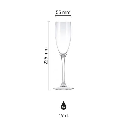 Infographic met maatvoering van het Cosy Moments champagneflute 19 cl. inclusief hoogte en inhoud.