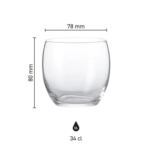 Infographic met afmetingen van het Cosy Moments tumblerglas 34 cl. inclusief hoogte en diameter.