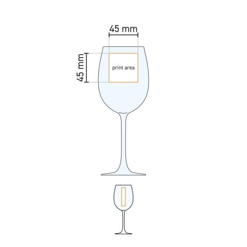 Technische werktekening van het drukgebied op het Cosy Moments wijnglas 35 cl. met logopositie.