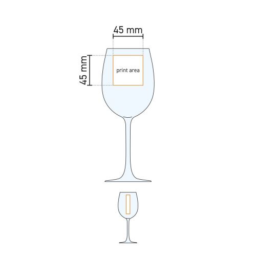 Technische werktekening met drukgebied op het Cosy Moments wijnglas 48 cl. voor logoplaatsing.