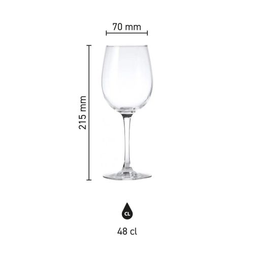 Infographic met afmetingen van het Cosy Moments wijnglas 48 cl. inclusief kelkhoogte en inhoud.