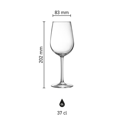 Infographic met productafmetingen van Domaine wijnglas 37 cl. glas, inclusief hoogte en breedte.