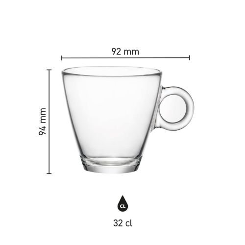 Infographic met productafmetingen van Easy Bar Thee Kop 32 cl glas.