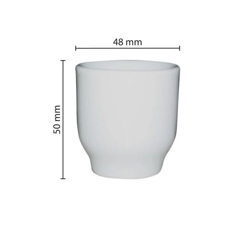 Infographic toont de afmetingen van het witte porseleinen eierdopje, inclusief hoogte en diameter.