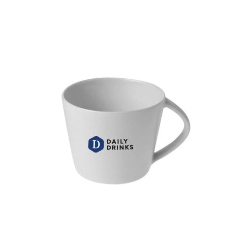 Eva espresso kop 10 cl SET porselein in vooraanzicht, bedrukt met opvallend DailyDrinks logo in meerdere kleuren.
