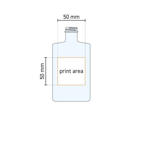 Technische werktekening van de Fles Berlin 0,2 liter glas met aanduiding van het drukgebied op de voorzijde.