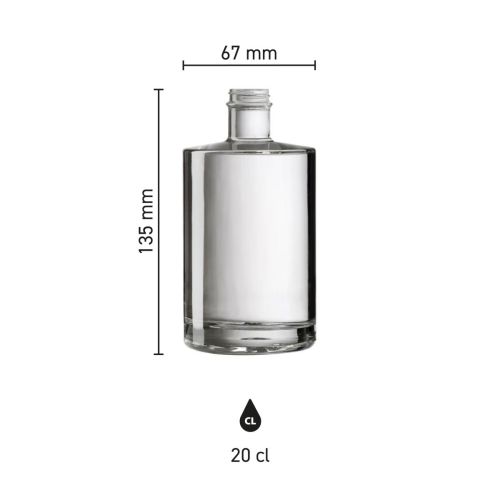 Infographic toont de afmetingen van de Fles Berlin 0,2 liter glas, inclusief hoogte en diameter.