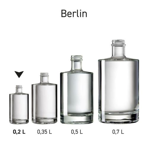 Overzicht van de Fles Berlin 0,2 liter glas als onderdeel van een serie met meerdere flesformaten.