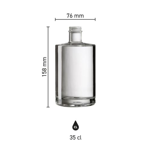 Infographic toont de afmetingen van de Fles Berlin 0,35 liter glas met hoogte en diameter in beeld.