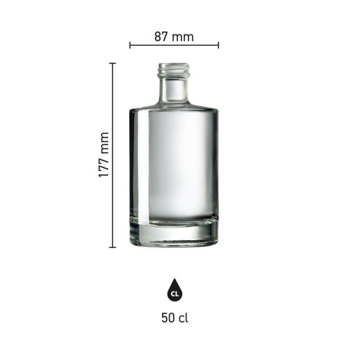 Infographic van de Fles Berlin 0,5 liter glas met overzicht van productafmetingen in millimeters.