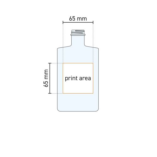 Technische werktekening van de glazen fles Berlin 0,7 liter met gemarkeerd drukgebied voor personalisatie.