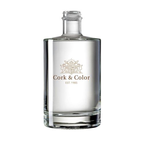 Fles van glas met 0,7 liter inhoud, bedrukt met meerkleurig logo CorkColor op de voorzijde.