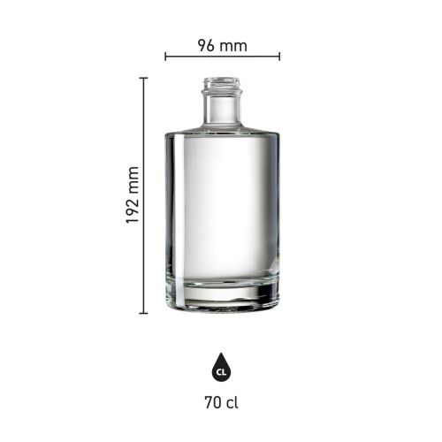 Afbeelding toont afmetingen en verhoudingen van de Berlin 0,7 liter fles in glas, schematisch weergegeven.