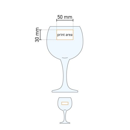 Technische werktekening van Gin Tonic glas Ambassador 56 cl. met aanduiding van bedrukkings- en graveergebied.