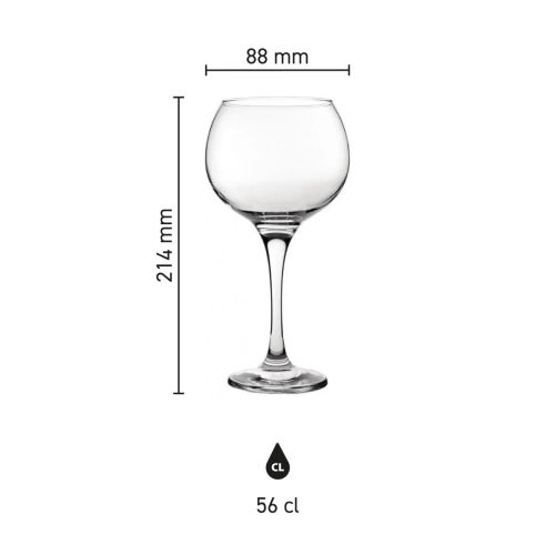 Infographic met afmetingen van Gin Tonic glas Ambassador 56 cl. inclusief hoogte, diameter en inhoudsmaat.
