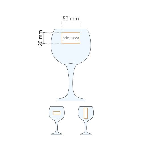 Technische werktekening van Gin Tonic glas Ambassador 79 cl. met markering van bedrukkings- en graveergebied.