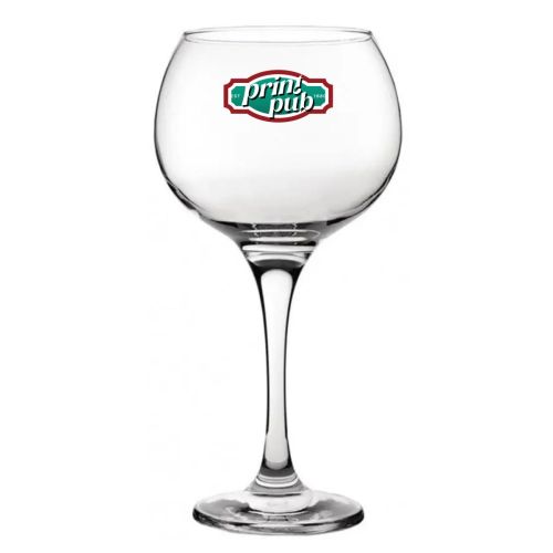 Vooraanzicht van Gin Tonic glas Ambassador 79 cl. bedrukt met meerkleurig PrintPub-logo op het middenvlak.