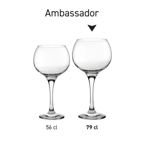 Seriebeeld van Gin Tonic glazen Ambassador 79 cl. met gelijke vormgeving en verschillende inhouden, getoond als productlijn.