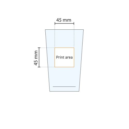 Drukgebied op Glas Conique 57 cl. aangegeven in werktekening, bedoeld voor bedrukking of gravure.