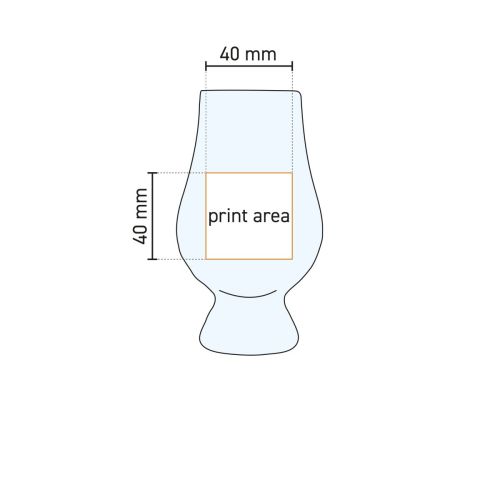 Technische werktekening met gemarkeerd drukgebied op Glencairn whiskyglas 20 cl in glas.