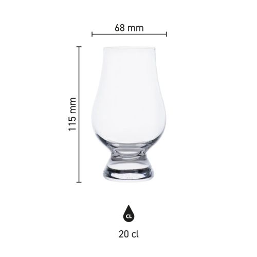 Infographic toont hoogte en diameter van het Glencairn whiskyglas 20 cl. met schaalverdeling.