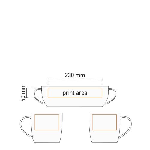 Technische werktekening van Handy mok Wit 30 cl. porselein met gemarkeerd drukgebied.