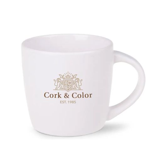 Porseleinen Handy mok Wit 30 cl. vooraanzicht met meerkleurig CorkColor logo.