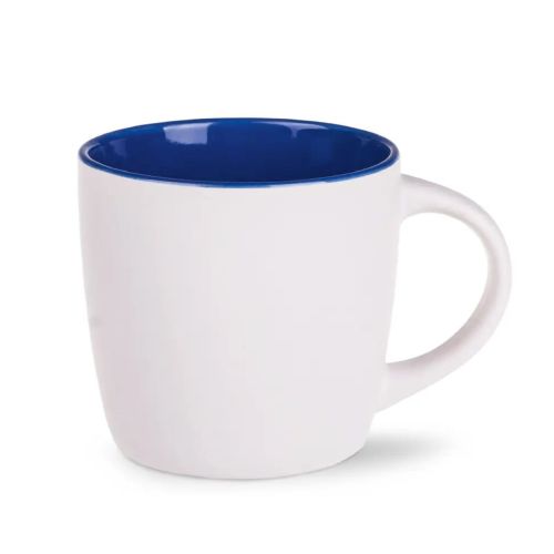 Vooraanzicht van Handy mok 30 cl. wit-blauw porselein met rechte wanden en glad, glanzend oppervlak.