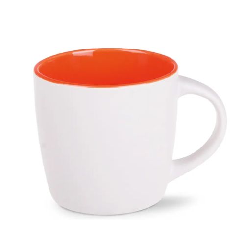 Vooraanzicht van Handy mok 30 cl. wit-oranje porselein met rechte wanden en glad, glanzend oppervlak.