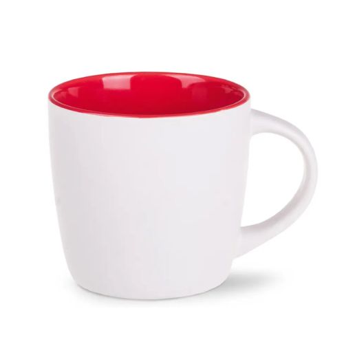 Vooraanzicht van Handy mok 30 cl. wit-rood porselein met rechte wanden en glad, glanzend oppervlak.