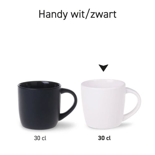 Serie Handy mokken 30 cl. porselein in twee verschillende uitvoeringen naast elkaar gepresenteerd.