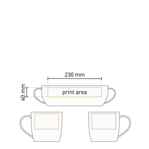 Technische werktekening van Handy mok Zwart 30 cl porselein met gemarkeerd drukgebied.