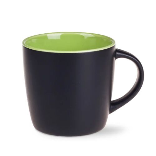 Zwarte Handy mok 30 cl. porselein met groene binnekant in vooraanzicht met strak design en glanzend oppervlak.