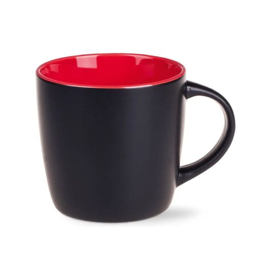 Zwarte Handy mok 30 cl. porselein met rode binnekant in vooraanzicht met strak design en glanzend oppervlak.
