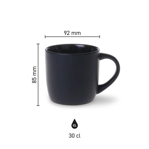 Infographic met productafmetingen van Handy mok Zwart 30 cl porselein, inclusief hoogte- en diameter.
