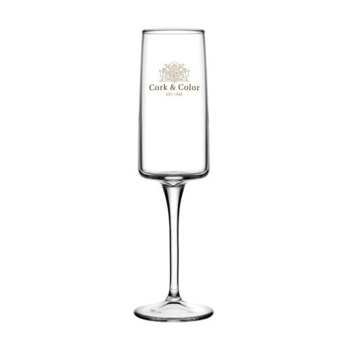 Vooraanzicht van het Iconic champagneglas 19 cl. met CorkColor-logo in meerdere kleuren op het glas.