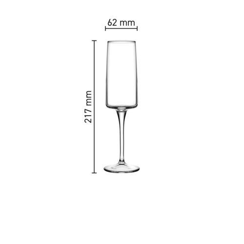 Infographic met glasafmetingen van het Iconic champagneglas 19 cl., inclusief hoogte en inhoud.