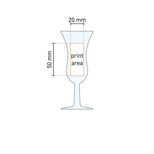 Technische werktekening van Intermezzo borrelglaasje 5 cl. met lange steel en gemarkeerd drukgebied.