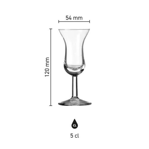 Infographic met maten en proporties van Intermezzo borrelglaasje 5 cl met lange steel.