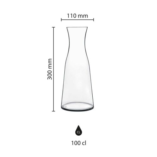 Technische werktekening van de glazen karaf 1 liter met het beschikbare drukgebied gemarkeerd.