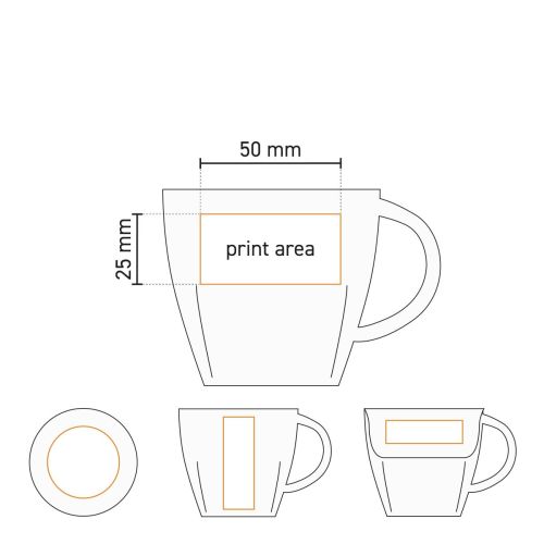 Technische werktekening van Kirsten koffie mok wit 20 cl. SET porselein met gemarkeerd drukgebied.