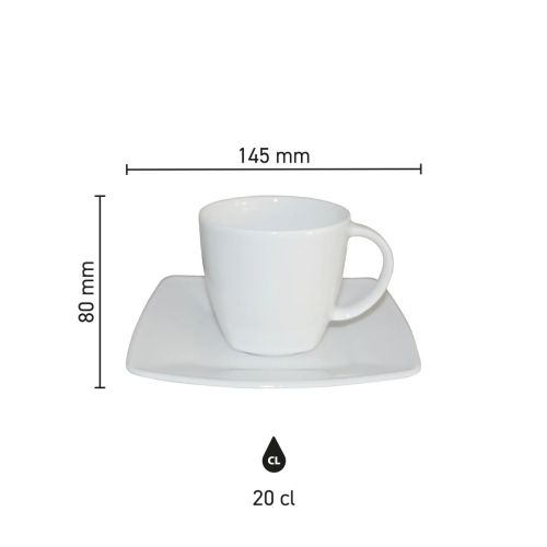 Infographic met productafmetingen van Kirsten koffie mok wit 20 cl SET porselein, inclusief hoogte en diameter.