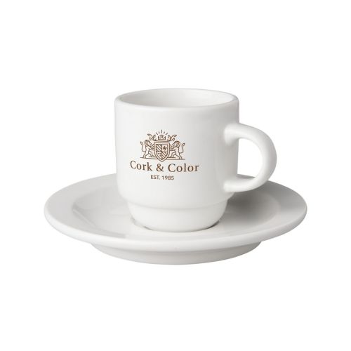 Kop en schotel wit Budgetline Smal 14 cl porselein vooraanzicht met éénkleurige CorkColor logo-opdruk.