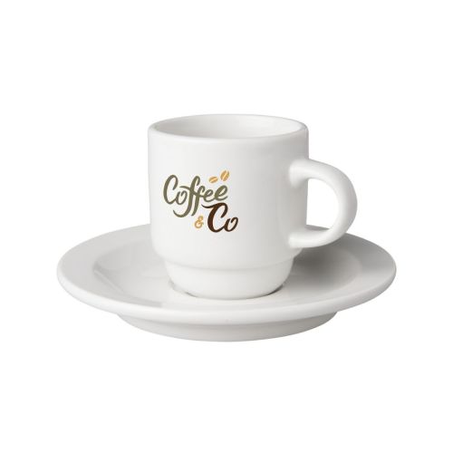 Voorzijde van Budgetline Smal kop en schotel wit 14 cl porselein met CoffeeCo logo in meerdere kleuren.