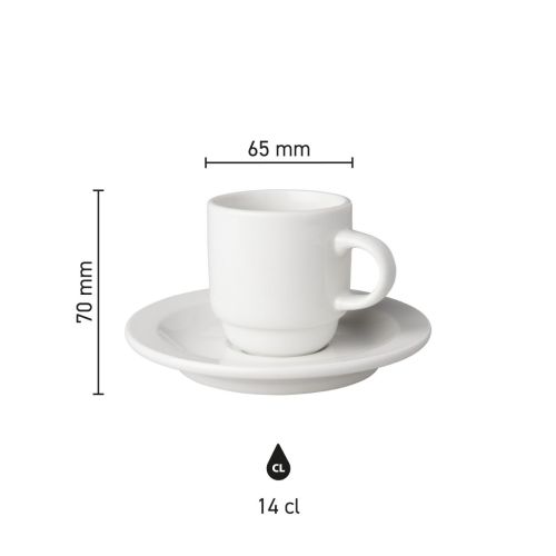 Infographic met productafmetingen van kop en schotel wit Budgetline Smal 14 cl porselein set.