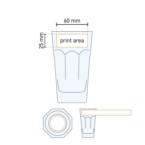 Technische werktekening van Latte Macchiato-glas 30 cl, 137 mm hoog, met gemarkeerd drukgebied.
