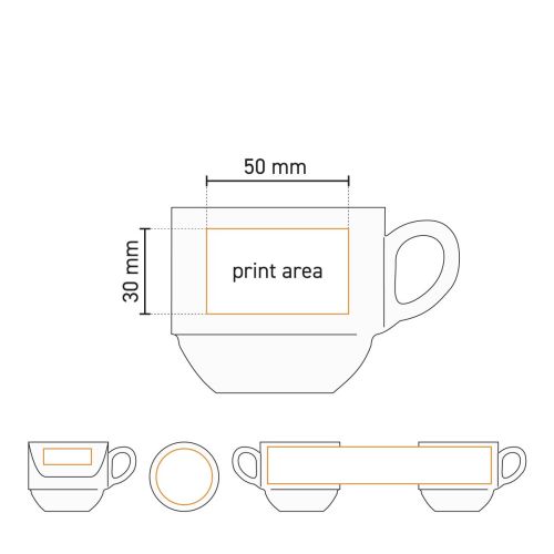 Technische tekening toont bedrukbare zone op porseleinen koffie kop Legio 16 cl.