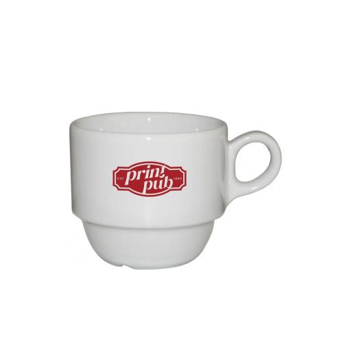 Legio porseleinen koffie kop 16 cl bedrukt met rood logo van PrintPub op het vooraanzicht.