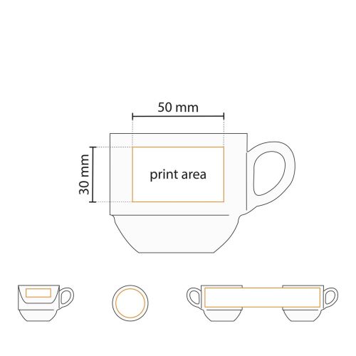 Werktekening geeft drukgebied aan op witte Legio koffieset van 16 cl in porselein.
